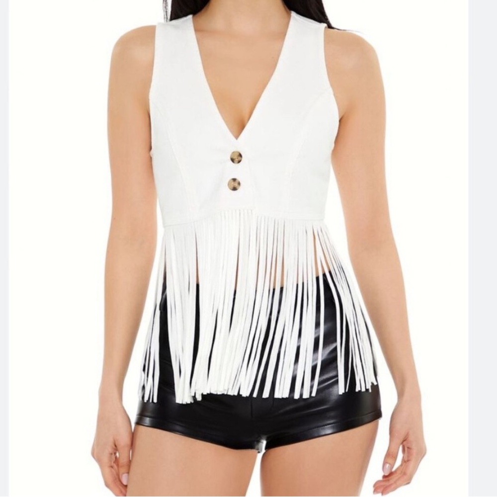Forever21 White Fringe Denim Top